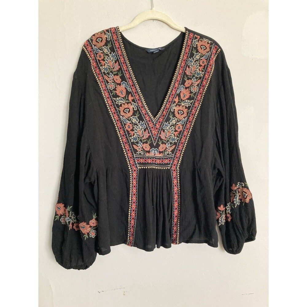 American Eagle Outfitters Black Peasant Blouse with Coral Floral Embroidery